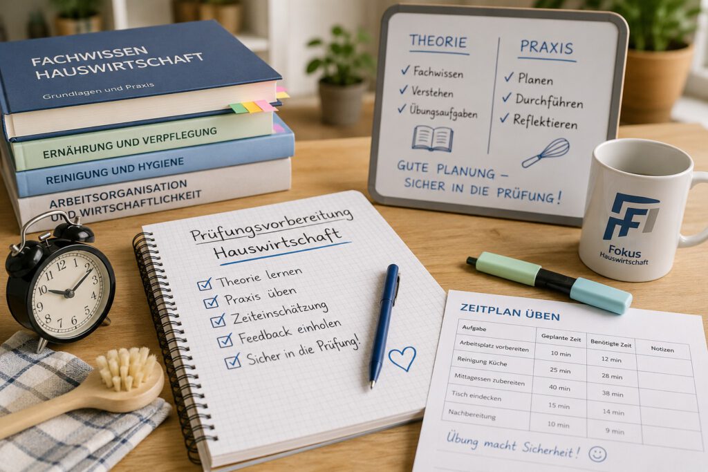 Lernmaterialien zur Prüfungsvorbereitung Hauswirtschaft mit Fachbüchern, Checkliste, Zeitplan, Uhr und Planungstafel für Theorie und Praxis.