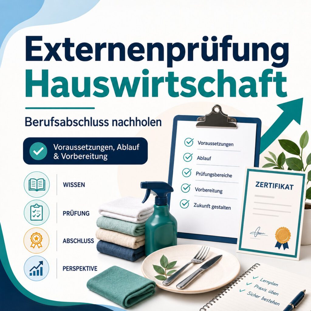 Grafik zur Externenprüfung Hauswirtschaft mit Hinweis auf Berufsabschluss nachholen, Voraussetzungen, Ablauf und Vorbereitung