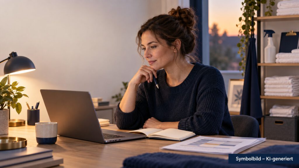 KI-generiertes Symbolbild: Berufstätige Frau lernt abends am Laptop für den Berufsabschluss als Hauswirtschafterin.