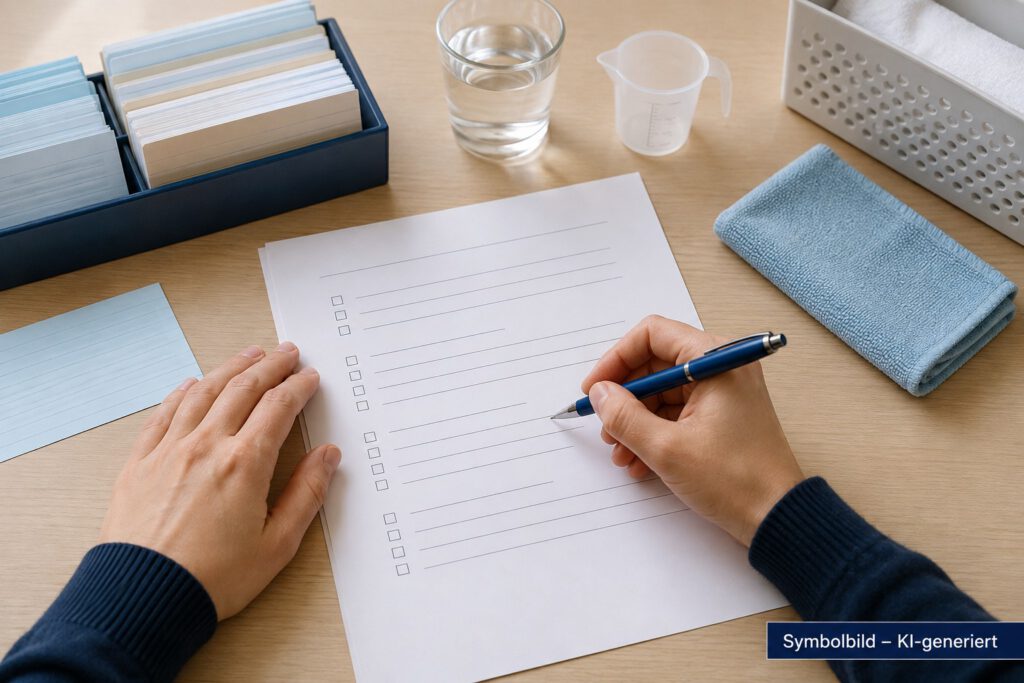 KI-generiertes Symbolbild: Person bearbeitet Prüfungsfragen zur Hauswirtschaft an einem Schreibtisch mit Lernkarten und Reinigungsutensilien.